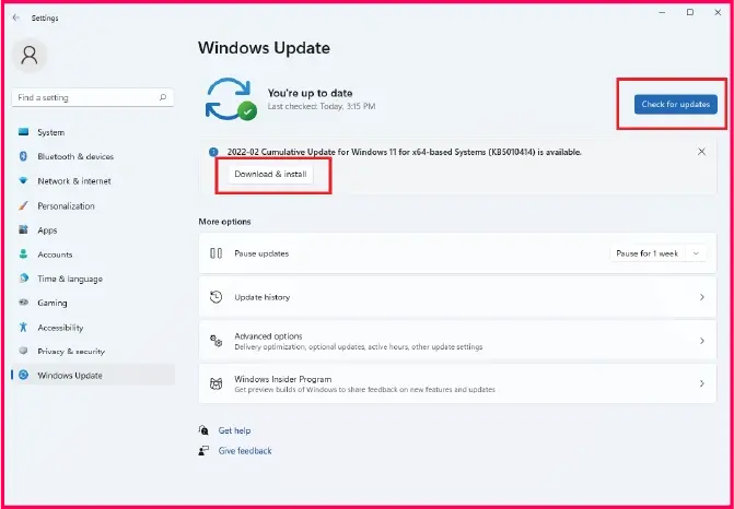 A Windows setting featuring highlighted Download and install and Check for updates buttons