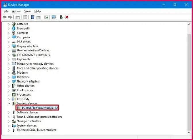 Device Manager highlighting around Trusted Platform Module 1.2 under the Security devices section