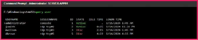 CMD terminal displaying query user command output showing active and disconnected user sessions before server maintenance