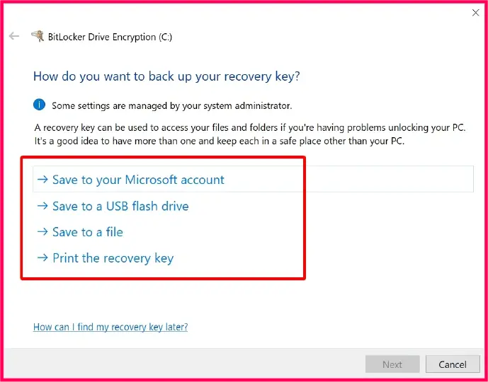 Windows recovery key menu highlighting multiple options to backup the recovery key