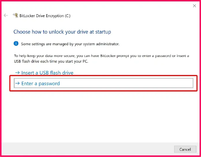 BitLocker Drive highlighting option to enter a password to unlock the drive at startup