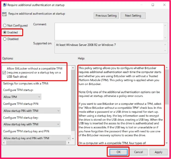 Policy settings for how to enable BitLocker without a compatible TPM by allowing a password or USB startup key