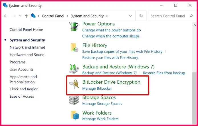 Control Panel Security System window highlighting BitLocker Drive Encryption
