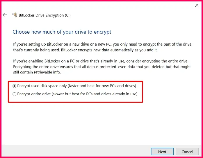 BitLocker Drive Encryption window highlighting choices between encrypting used disk space or the entire device