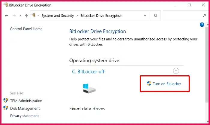 Windows settings highlighting the turn on BitLocker link to demonstrate how to enable BitLocker on a system drive