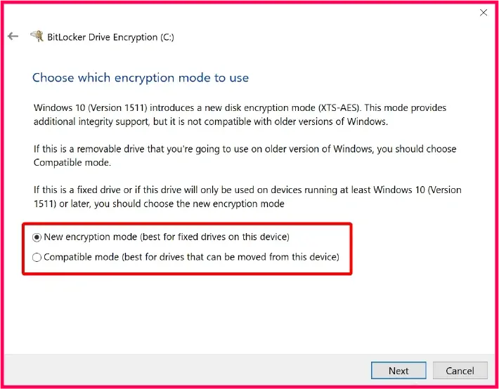 Bitlocker drive encryption showing the choice between New encryption mode and Compatible mode