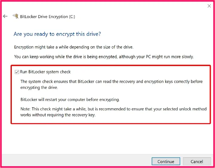 Final confirmation screen with the Run BitLocker system check option selected and highlighted