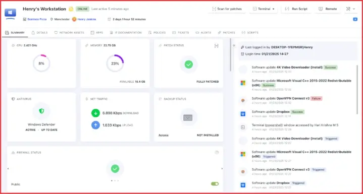A remote monitoring interface displaying real-time workstation