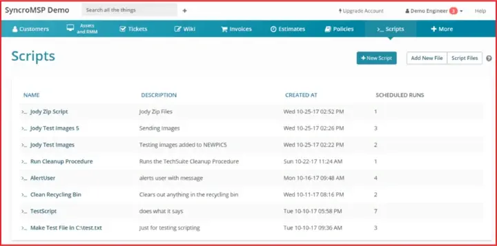 The SyncroMSP Scripts tab interface showing a list of script names, creation dates, and scheduled automation runs
