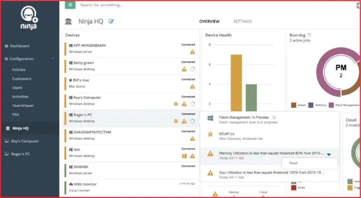 The Ninja HQ dashboard interface displaying a column of connected user devices