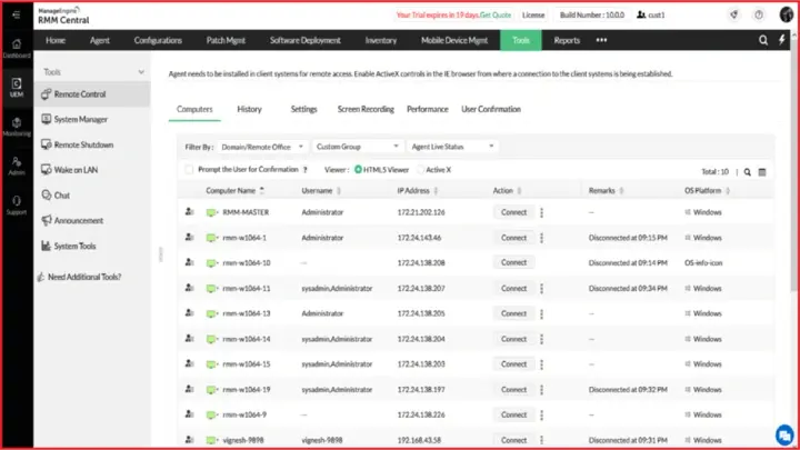 ManageEngine RMM Central console showing a tools menu, a computer network table, user administrators, and Windows platforms