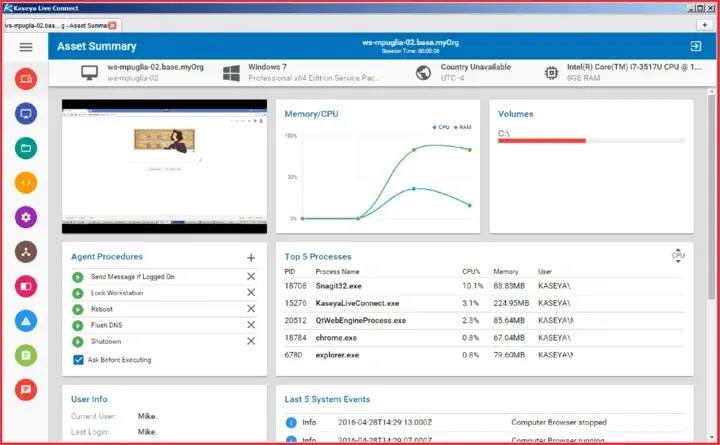 Kaseya console displaying an asset summary panel with memory CPU performance metrics and top processes list