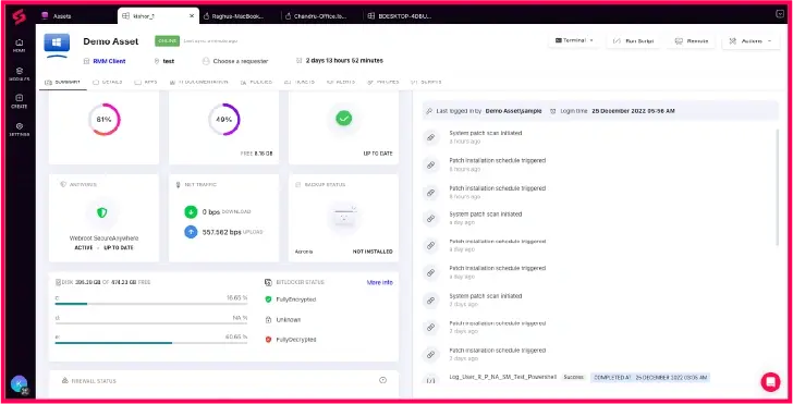 SuperOps asset management dashboard displaying a summary of disk encryption status, system patches