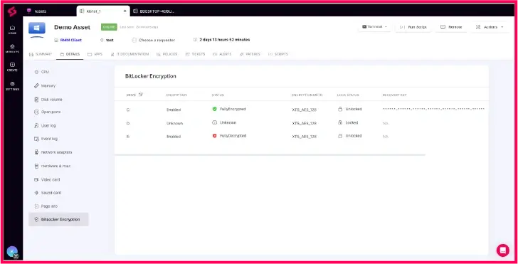 Superops dashboard displaying drive encryption status details