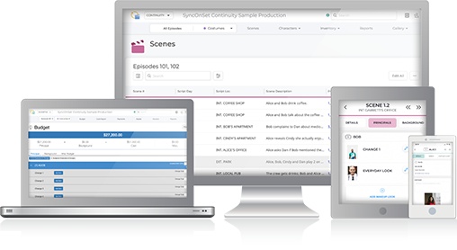 synconset crew tools software showing a digital continuity book for film production across mobile and desktop devices