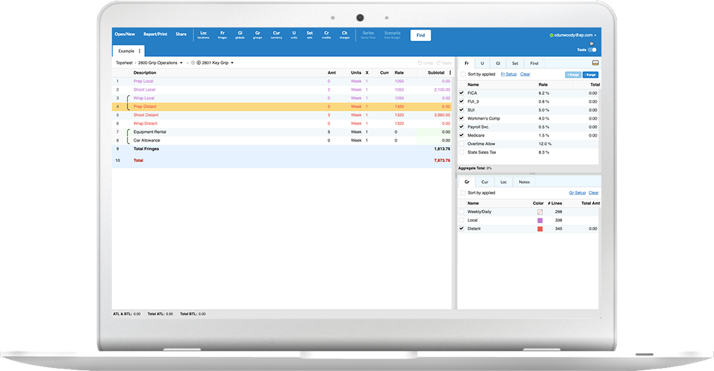movie magic budgeting on a laptop with a television production budget open