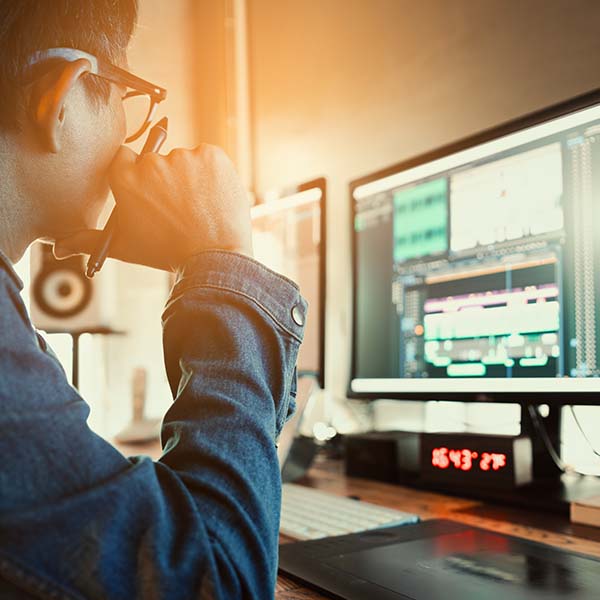 Man looking at a computer screen with film editing software