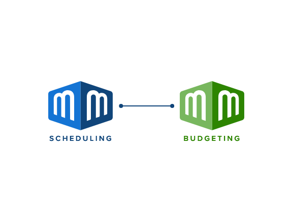 Illustration of Movie Magic Scheduling icon and Movie Magic Budgeting icon connected by a line
