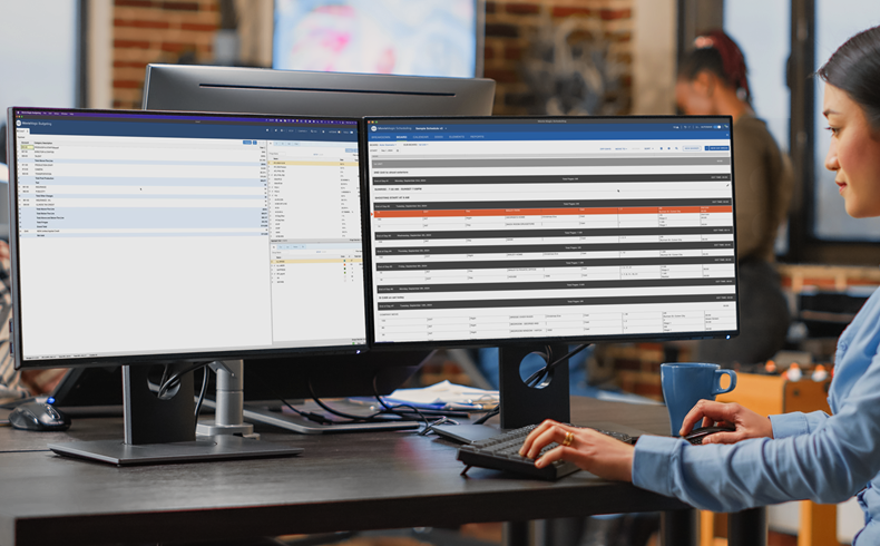 Person at desktop computer looking at Movie Magic Budgeting and Movie Magic Scheduling on screens