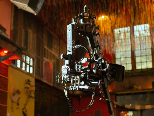 Camera on production crane on film set, representing EP production management tools for film and TV