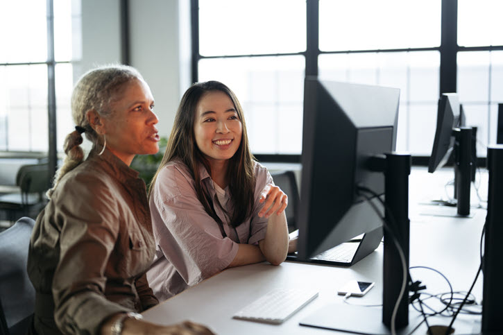 Two Paymaster workers discussing at computer
