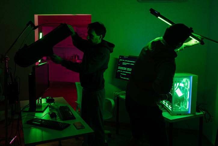 Crew setting lighting for scene in darkened room with computer