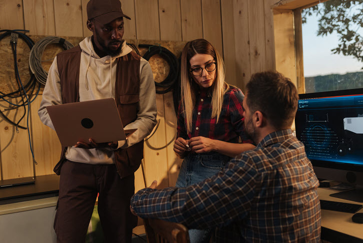 Production crew discussing project at computers