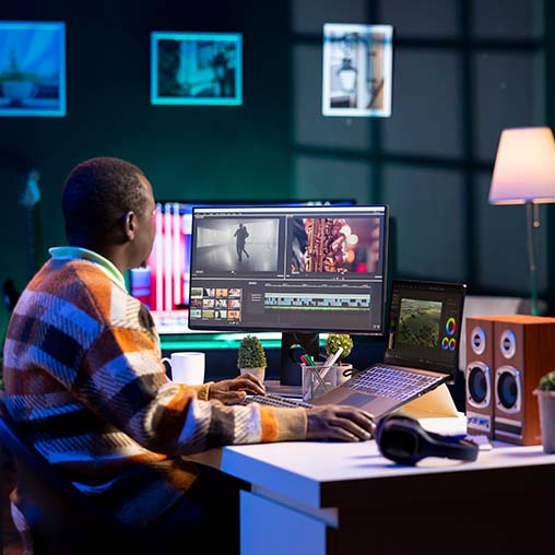 Male visual effects artist wearing a striped sweater working on a computer