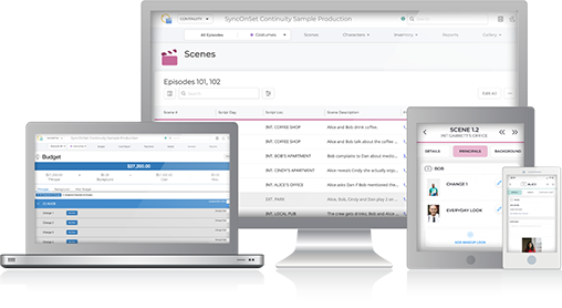 synconset crew tools software showing a digital continuity book for film production across mobile and desktop devices
