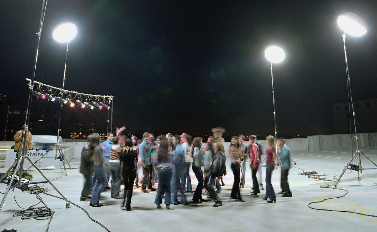 Film crew on the set of a night shoot.