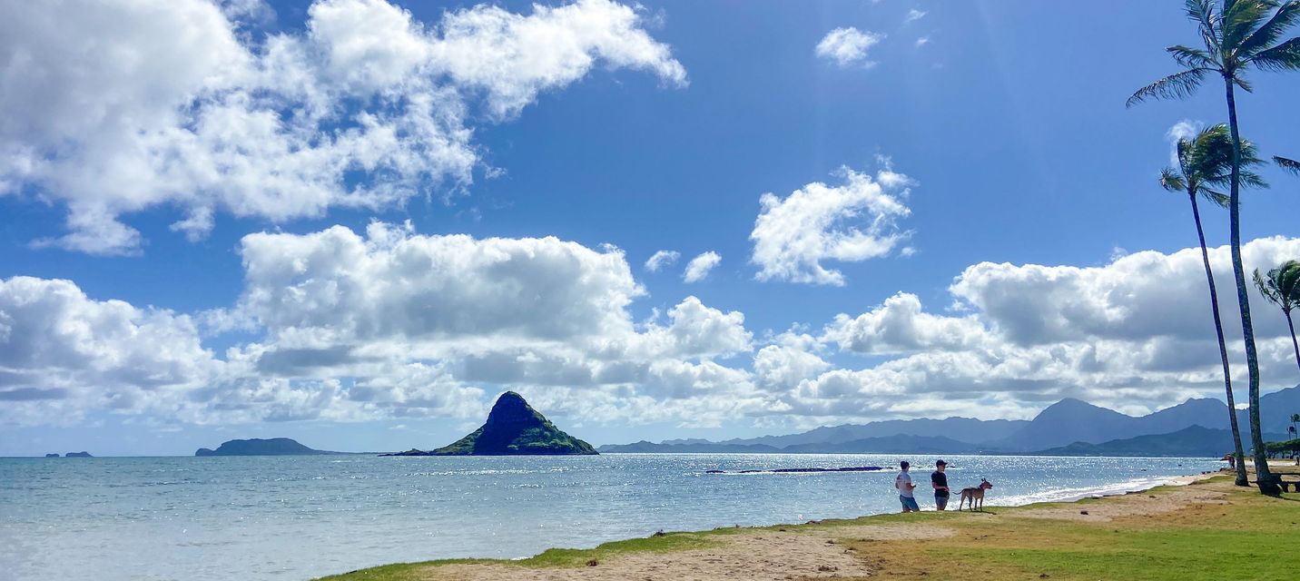 Scenic beach view of Mokoli‘i Island (Chinaman’s Hat) off the coast of Oahu, Hawaii, with a bright blue sky, scattered clouds, calm ocean waters, and people walking along the sandy shore with a dog.