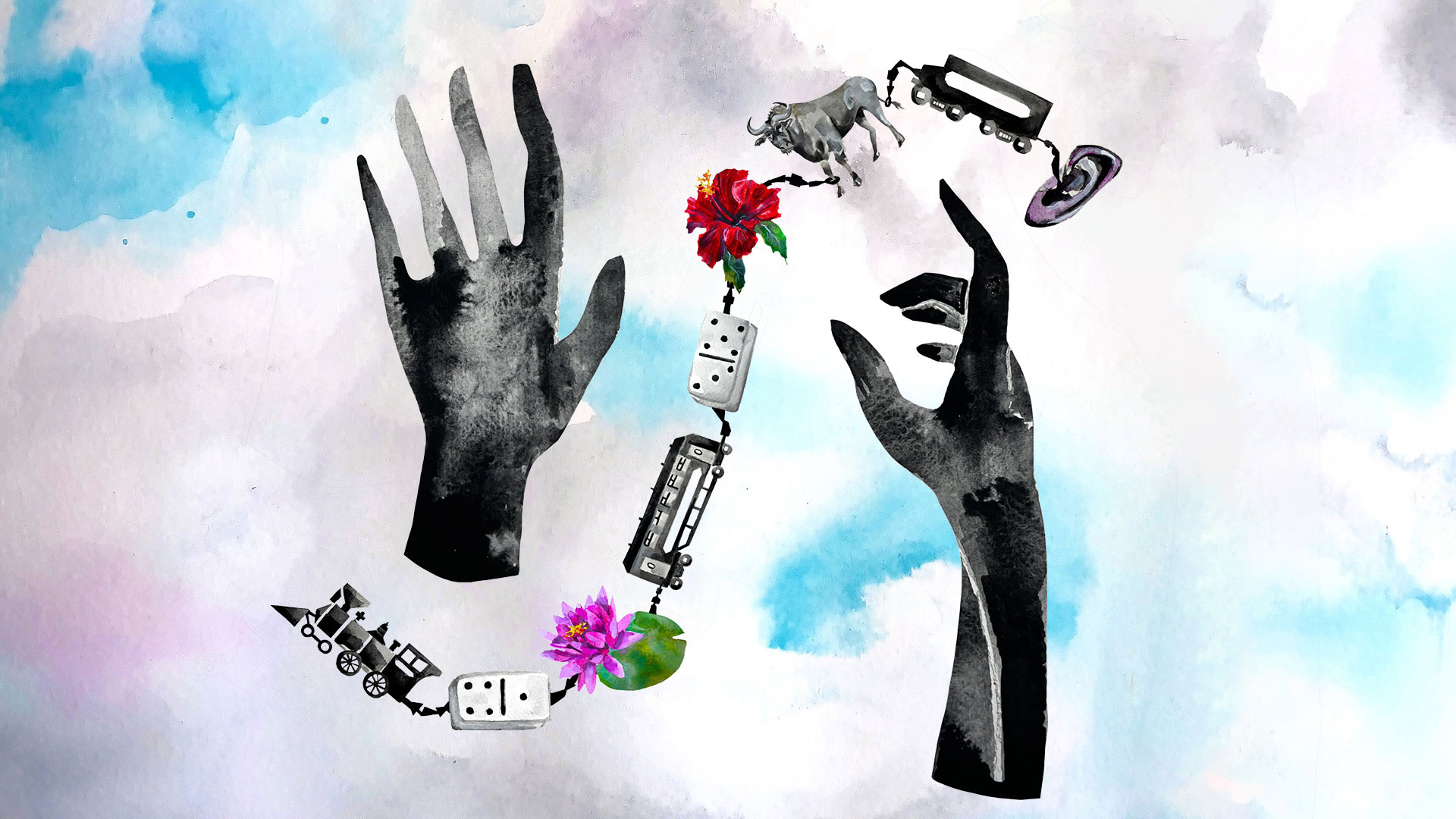 A watercolor graphic featuring two black, textured hands reaching toward each other against a soft watercolor background of blue, pink, and white. Between the hands, a chain of interconnected objects—including dominoes, a train, a flower, a mechanical device, a bull, and an ear.