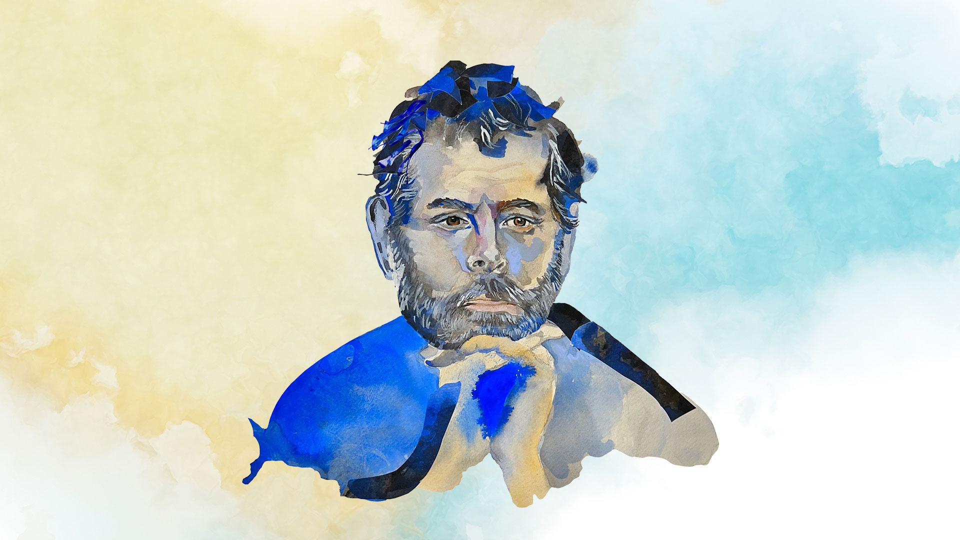 A watercolor portrait of Gabriel Kahane. His face and hair are rendered in shades of blue, gray, and yellow contrasted against a split blue and yellow background.