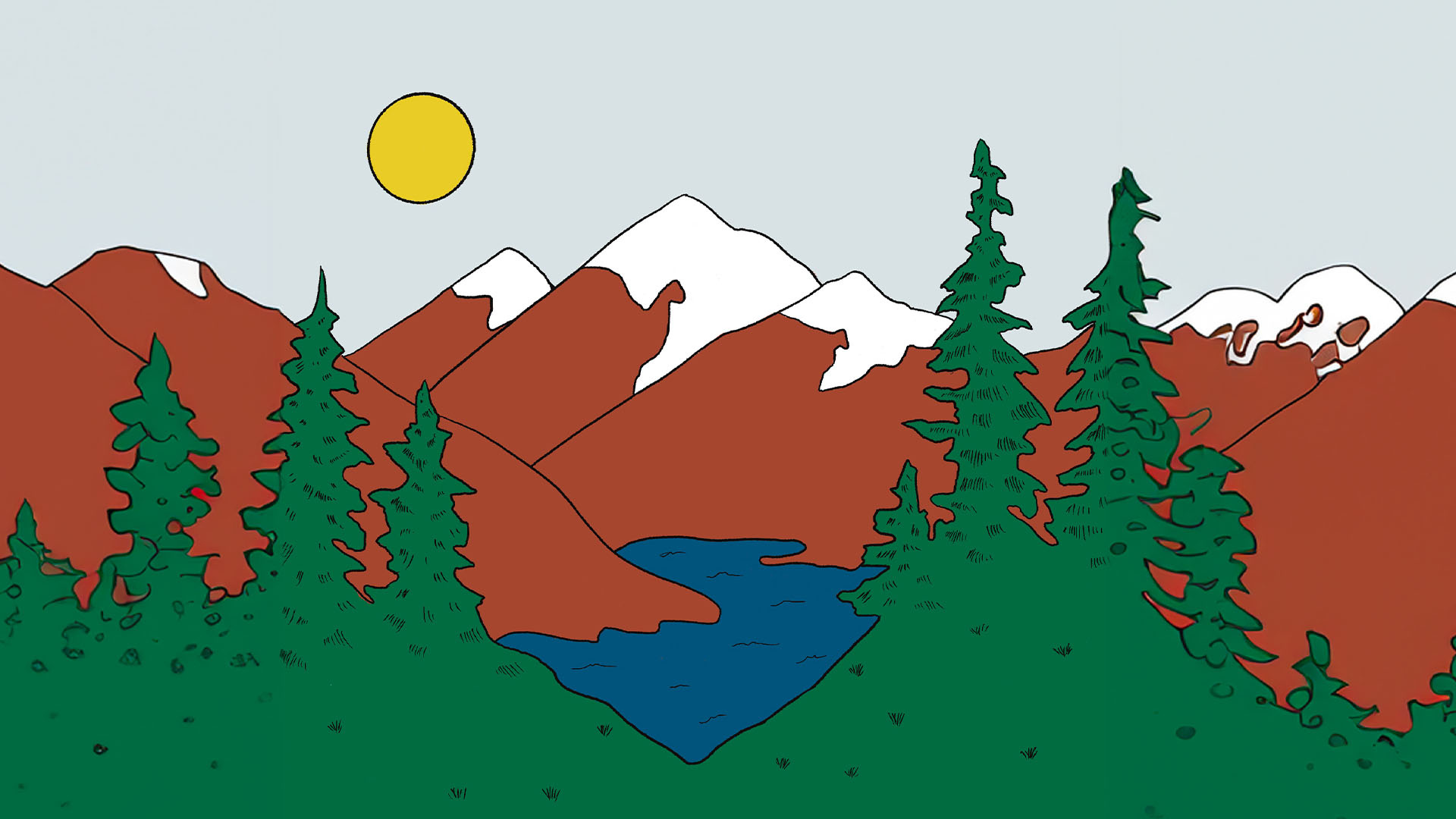 A cartoon-like landscape illustration of a mountain scene with a bright yellow sun in the sky, brown mountains with snow-capped peaks, a deep blue river, and dark green pines. 