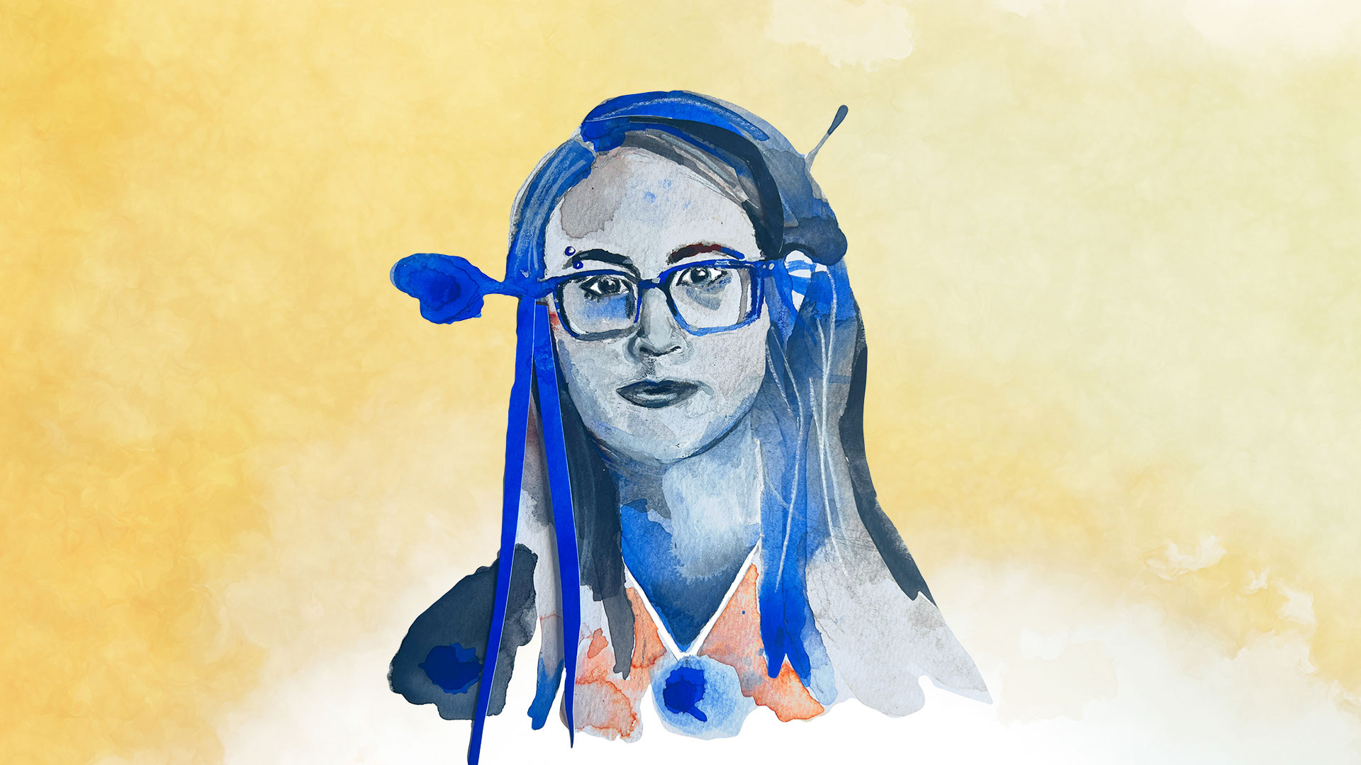 A watercolor portrait of Katherine Balch wearing glasses. Her face and hair are rendered in shades of blue and gray, contrasted against a warm yellow background.