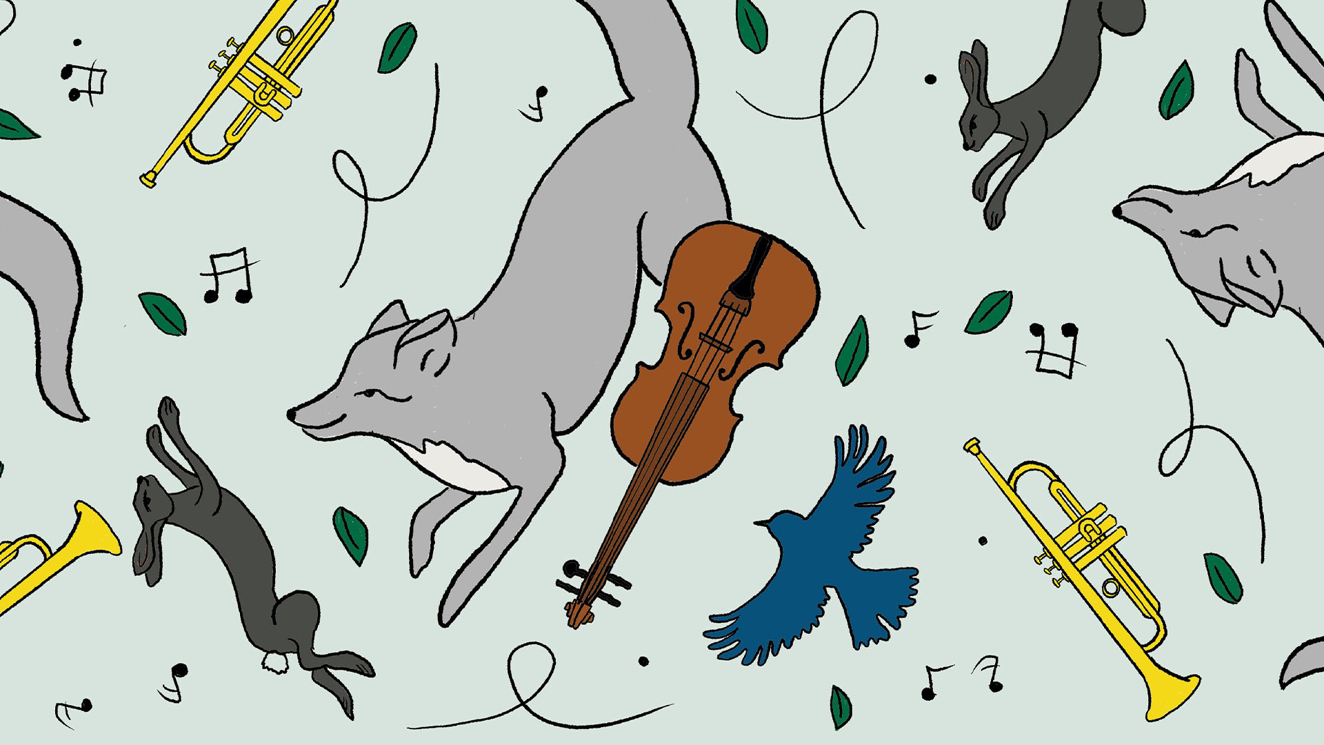 Graphic of wolves, rabbits, birds, violins, trumpets, and music notes. 