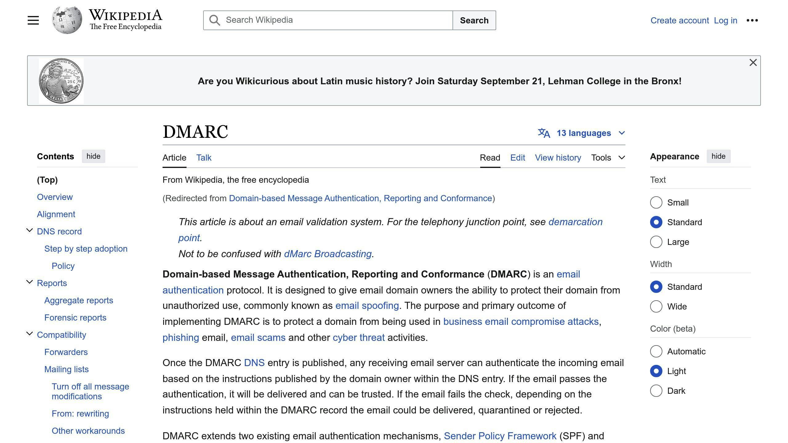 Wikipedia.org Domain-based Message Authentication, Reporting and Conformance (DMARC)