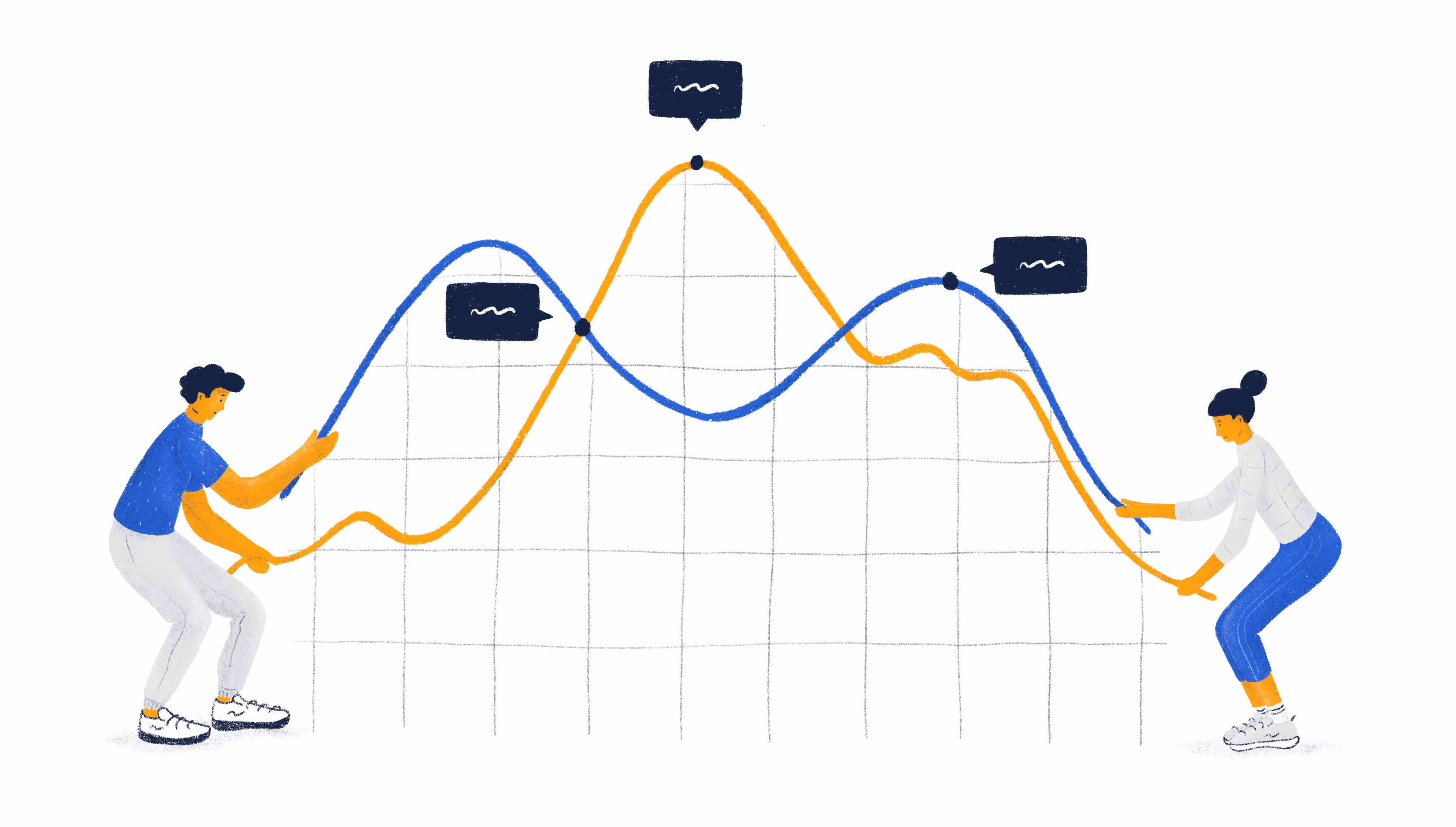 Illustration of two people studying a line chart, representing data-driven decision making