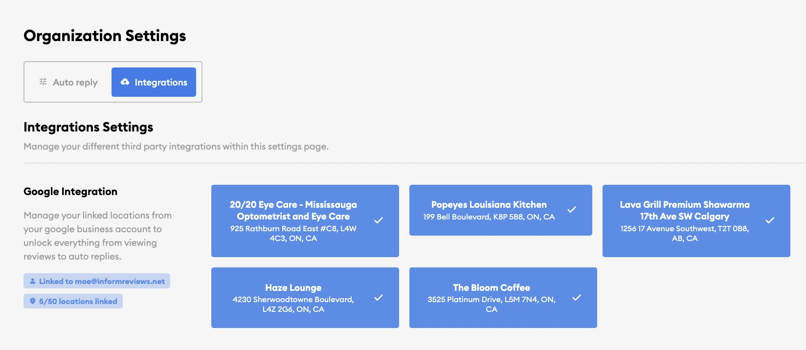 Inform Organization Settings with the Google integration connected and several store locations selected