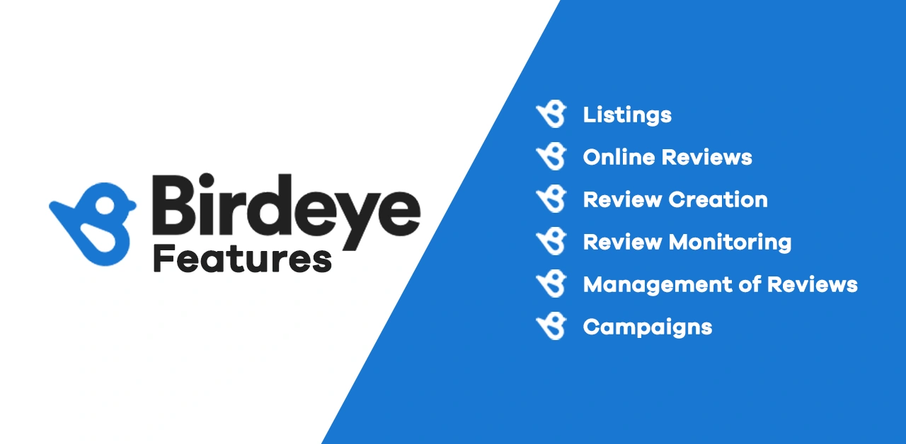 Birdeye feature list covering listings, online reviews, review creation, review monitoring and campaigns