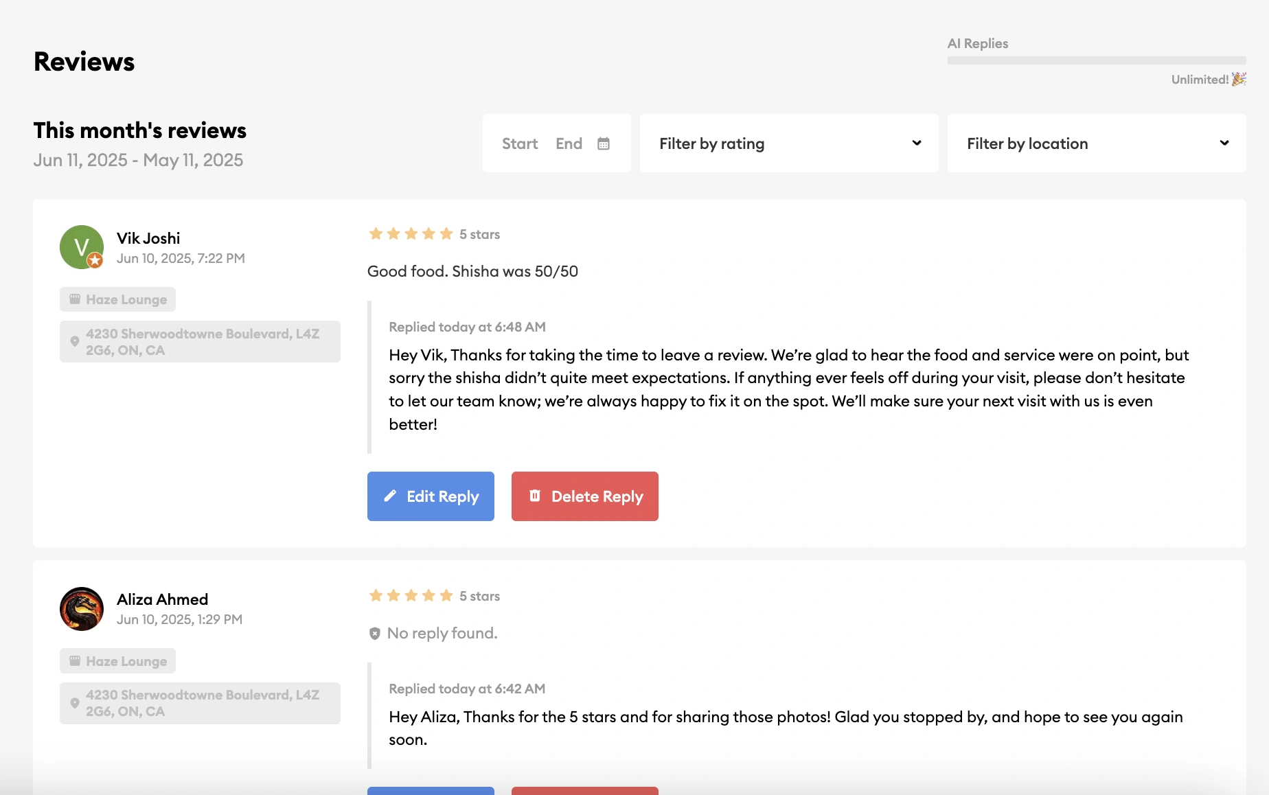 The Inform Reviews page showing customer reviews with AI-generated replies and Edit Reply controls