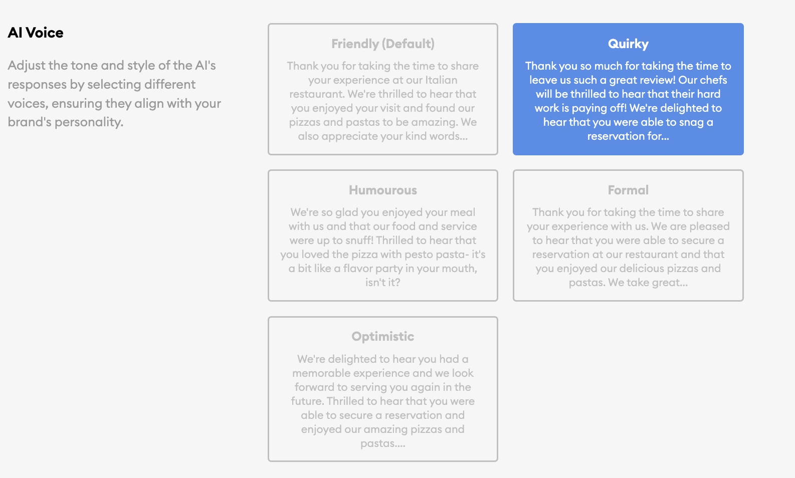 Inform AI Voice settings with five tone options: Friendly, Quirky, Humorous, Formal and Optimistic
