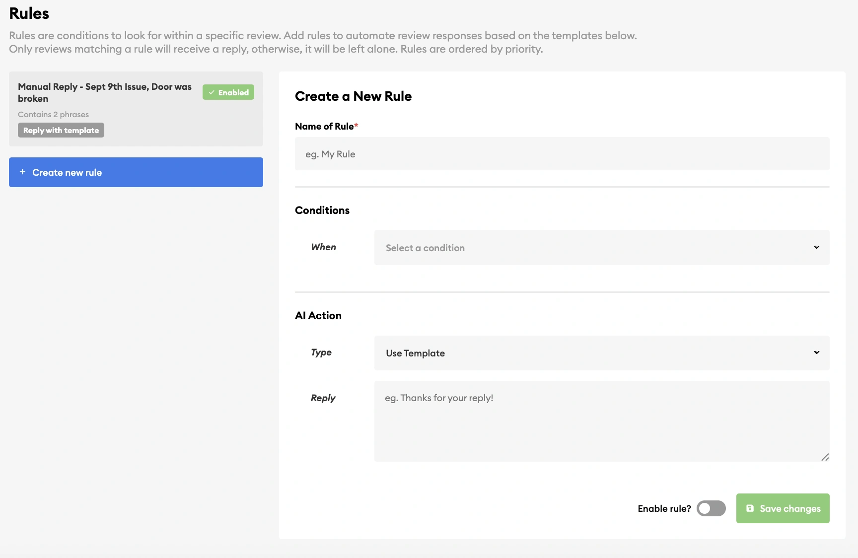 The Inform Rules page, creating an automation rule with conditions and an AI action