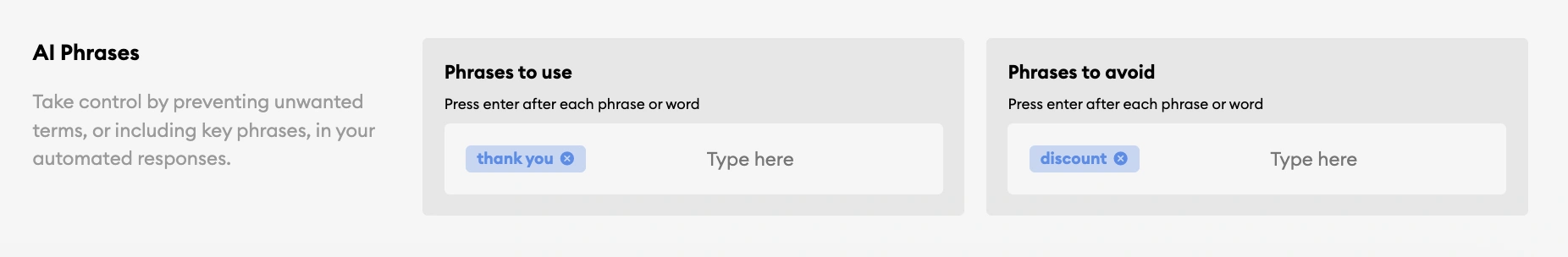 Inform AI Phrases settings, with separate fields for phrases to use and phrases to avoid