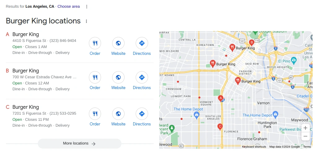 Google search results listing multiple Burger King locations alongside a map of Los Angeles
