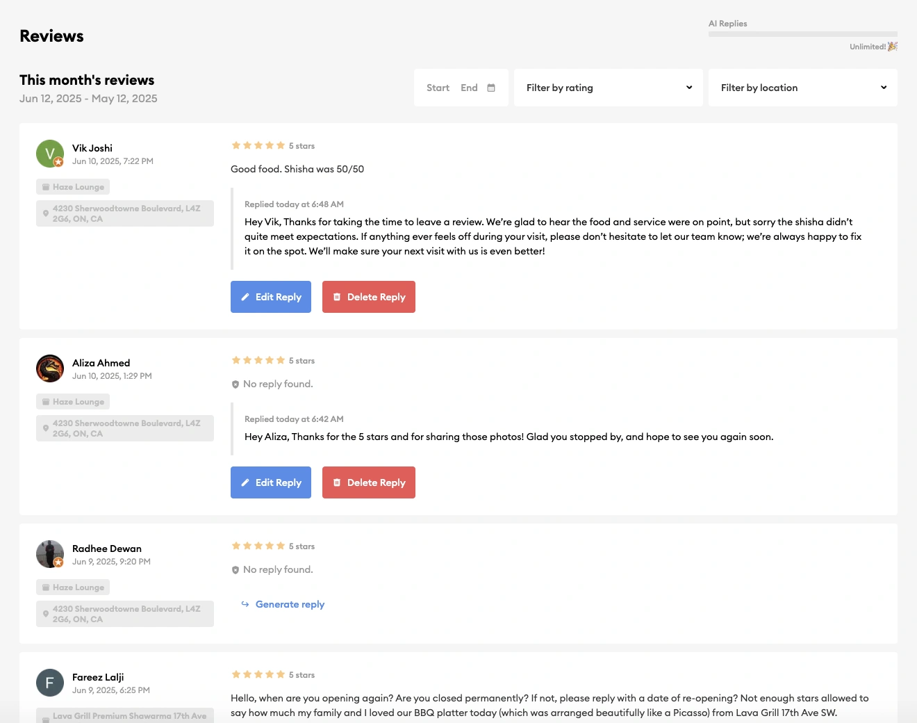 The Inform Reviews dashboard listing customer reviews from multiple locations with reply options