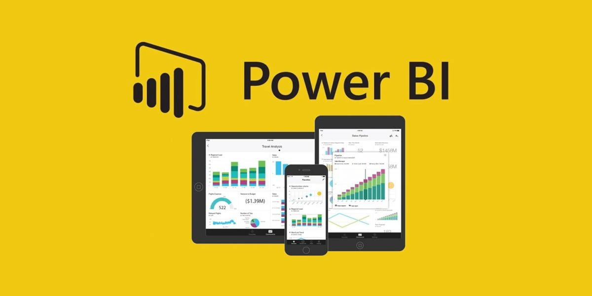 The Microsoft Power BI logo shown with dashboards on desktop, tablet and mobile