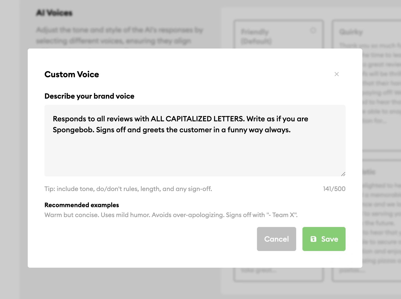 The Custom Voice dialog in Inform with a free-text brand voice description, a 500 character counter, and a recommended example