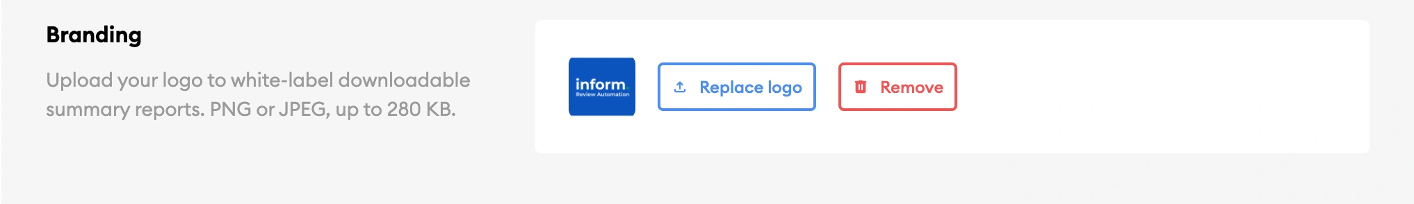 The Branding section of Inform Org Settings, where a logo is uploaded to white-label downloadable summary reports