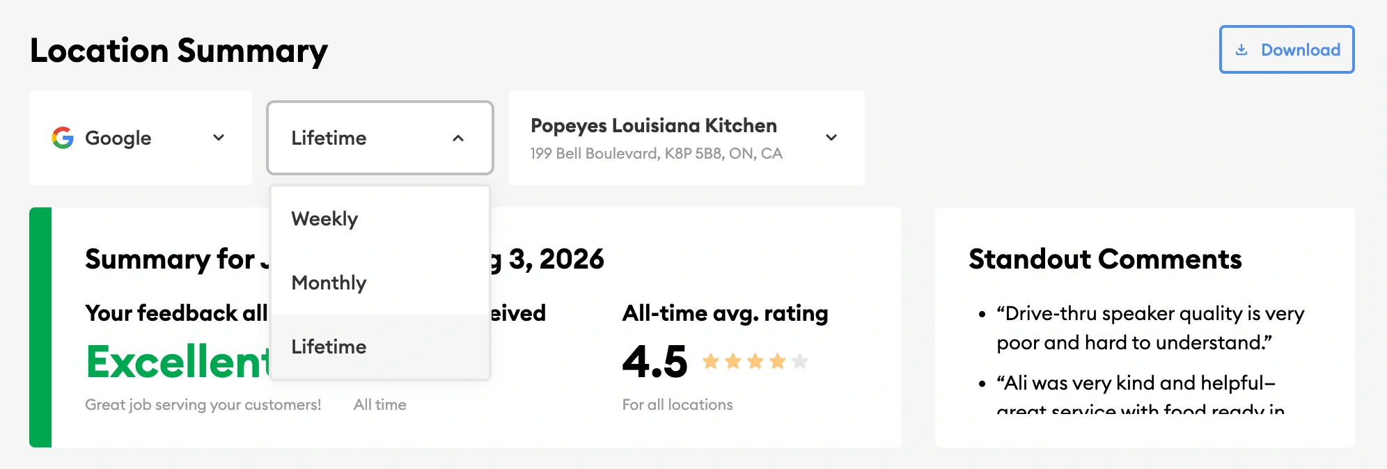 The period selector on an Inform location summary, offering weekly, monthly and longer reporting windows